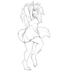  anthro aurum_(kiit0s) barefoot breasts canid canine canis clothing digital_media_(artwork) digitigrade dress feet female hair kiit0s looking_at_viewer mammal monochrome on_one_leg simple_background solo standing tail white_background wolf 