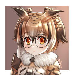  adjusting_eyewear artist_name black-framed_eyewear brown_background brown_eyes brown_hair brown_jacket closed_mouth commentary eurasian_eagle_owl_(kemono_friends) female fur-trimmed_jacket fur_trim glasses gloves hair_between_eyes hand_up jacket kemono_friends long_sleeves looking_at_viewer round_eyewear signature sleeves_past_wrists solo two-tone_background upper_body villyane white_background white_gloves 