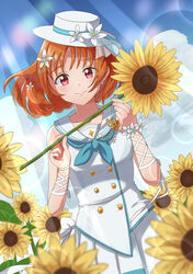  absurdres arm_ribbon cloud day female flower hair_flower hair_ornament hat hat_flower highres looking_at_viewer love_live! love_live!_school_idol_festival_all_stars love_live!_sunshine!! official_alternate_costume orange_hair outdoors pure_summer_(love_live!) red_eyes ribbon shirt short_hair skirt sleeveless sleeveless_shirt smile solo standing sunflower sunlight taiyakippassion takami_chika white_hat white_ribbon white_skirt yellow_flower 