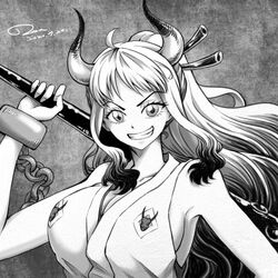  bare_shoulders breasts chains cleavage dated eyelashes female greyscale holding holding_sword holding_weapon horns large_breasts long_hair looking_at_viewer monochrome one_piece oni royboy sideboob signature sleeveless smile solo sword teeth upper_body weapon yamato_(one_piece) 