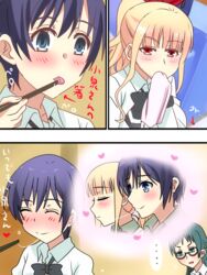  ... 3girls artist_request chopsticks chopsticks_in_mouth hakamichi_shizune handkerchief highres imagining multiple_girls necktie sailor satou_lilly suzuki_suzu wiping_mouth yuri 