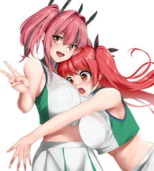  2girls :d absurdres alternate_costume azur_lane bare_shoulders black_ribbon blush breast_press breasts bremerton_(azur_lane) bremerton_(azur_lane)_(cosplay) bremerton_(scorching-hot_training)_(azur_lane) collared_shirt commentary_request cosplay cowboy_shot crop_top crop_top_overhang face_to_breasts grey_hair hair_between_eyes hair_intakes hair_ornament hair_ribbon hairclip highres honolulu_(azur_lane) large_breasts long_hair looking_at_viewer matching_outfits midriff multicolored_hair multiple_girls navel no_mole official_alternate_costume ojisan_f open_mouth partial_commentary pink_eyes pink_hair pink_nails red_eyes red_hair ribbon shirt sidelocks simple_background skirt sleeveless sleeveless_shirt smile sportswear standing streaked_hair tennis_uniform twintails two-tone_hair two-tone_shirt two-tone_skirt v white_background white_shirt white_skirt x_hair_ornament 