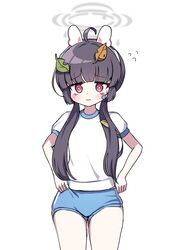  absurdres ahoge animal_ears bad_id bad_twitter_id black_hair blue_archive blue_buruma blush buruma female gym_shirt gym_uniform halo highres leaf leaf_on_head long_hair miyu_(blue_archive) rabbit_ears red_eyes shirt solo white_shirt yukki_bunny 