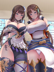  2girls absurdres blue_eyes blunt_bangs braid breasts brown_hair cameltoe cleavage collarbone covered_nipples granblue_fantasy green_eyes highres large_breasts leona_(granblue_fantasy) loincloth long_hair looking_at_viewer looking_down melopun multiple_girls panties shura_(granblue_fantasy) side-tie_panties underwear very_long_hair 