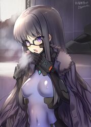  black_gloves black_hair blush bodysuit breasts breath commission covered_navel covered_nipples female fortified_suit fur_trim glasses gloves gretel_jeckeln hair_behind_ear highres jacket jacket_on_shoulders long_hair makishima_azusa mecha muv-luv muv-luv_alternative open_mouth pilot_suit purple_eyes purple_jacket robot schwarzesmarken science_fiction skeb_commission skin_tight small_breasts solo 