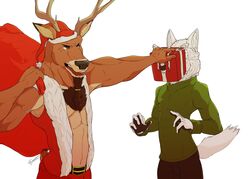  absurd_res anthro arctic_fox body_hair box canid canine canis chest_hair chest_tuft christmas clothing container costume deer depictionexpress duo facial_hair fox gift gift_box green_clothing hi_res holidays male male/male mammal muscular muscular_anthro muscular_male pawpads red_clothing santa_costume simple_background slim slim_male stunned true_fox tuft 