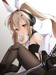  ayanami_(azur_lane) ayanami_(rock_&#039;n&#039;_demon)_(azur_lane) azur_lane bare_shoulders black_footwear black_headphones black_pantyhose boots breasts cleavage coat commentary_request crop_top female hair_between_eyes headgear headphones highres knees_up light_brown_hair long_hair looking_at_viewer off_shoulder official_alternate_costume pantyhose partial_commentary ponytail red_eyes shiruko_(27anko) simple_background small_breasts solo white_background 