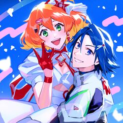  1boy blue_eyes blush bow bracelet carrying cleavage_cutout clothing_cutout couple dress female freyja_wion gloves green_eyes hair_between_eyes hair_ornament hairbow hairclip hand_on_another&#039;s_shoulder hayate_immelmann head_tilt heart highres jewelry looking_at_viewer macross macross_delta mosako parted_lips pilot_suit princess_carry puffy_short_sleeves puffy_sleeves red_gloves red_ribbon ribbon short_sleeves smile straight w white_bow white_dress 