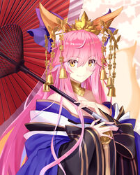  animal_ear_fluff animal_ears bare_shoulders bell blue_bow blue_kimono bow breasts cleavage fate/extra fate/grand_order fate_(series) female fox_ears fox_girl fox_tail hair_between_eyes hair_ornament hairbow hairpin japanese_clothes jewelry kimono large_breasts long_hair looking_at_viewer neck_ring neko_daruma off_shoulder official_alternate_costume oil-paper_umbrella pink_hair sidelocks smile solo tail tamamo_(fate) tamamo_no_mae_(fate/extra) tamamo_no_mae_(third_ascension)_(fate) umbrella very_long_hair wide_sleeves yellow_eyes 