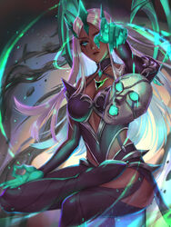  breasts cleavage collarbone colored_skin dark-skinned_female dark_skin female floating floating_object gem gradient_background green_eyes green_skin grey_hair hand_up highres karma_(league_of_legends) large_breasts league_of_legends long_hair magic mask nyaamen_fork official_alternate_costume ruined_karma solo 