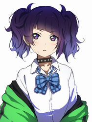  bad_id bad_pixiv_id black_collar blue_bow bow collar collared_shirt commentary_request diagonal_bangs dress_shirt ear_piercing earrings female green_jacket highres icehotmilktea idolmaster idolmaster_shiny_colors jacket jewelry looking_at_viewer off_shoulder open_clothes open_jacket parted_lips piercing plaid plaid_bow purple_eyes purple_hair shirt simple_background solo studded_collar tanaka_mamimi twintails upper_body white_background white_shirt 