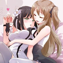  2girls assault_lily bare_arms bare_shoulders black_hair blush breasts brown_hair charm_(object) china_dress chinese_clothes closed_eyes dress feline flower green_eyes grey_legwear hair_flower hair_ornament hair_ribbon heart hug hug_from_behind kuo_shenlin legs long_hair looking_at_another medium_breasts medium_hair multiple_girls open_mouth ribbon side_ponytail simple_background thighhighs thighs urutsu_sahari wang_yujia white_legwear yuri 