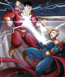  1boy 1girls big_breasts billy_batson black_hair blonde_hair breasts captain_marvel carol_danvers crossover dc dc_comics devil_hs female fight haircut huge_breasts light-skinned_female light-skinned_male lighting male marvel marvel_comics muscular muscular_female muscular_male open_mouth shazam straight_hair superhero superheroine thick thick_body thick_thighs thighs versus voluptuous voluptuous_female vs wide_hips 