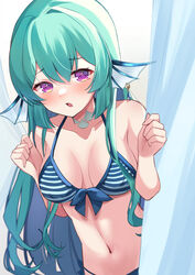  1girls bare_midriff bare_shoulders belly_button bikini blush earring exposed_shoulders exposed_torso female female_only finana_ryugu fish_girl green_hair haruuukuma head_fins light-skinned_female light_skin looking_at_viewer medium_breasts midriff navel nijisanji nijisanji_en purple_eyes solo swimsuit virtual_youtuber 