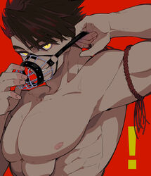  armband armbands brown_hair dark_hair headband kengan_(series) kengan_ashura looking_at_viewer male male_only martial_arts_uniform muscular muscular_male muzzle_(object) nekonokanndume red_background smile solo spiky_hair tan_skin thick_eyebrows topless topless_male upper_body yellow_eyes yoroizuka_saw_paing 