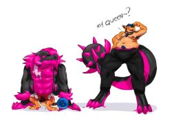  4:3 anthro black_body body_swap clothing dialogue duo flirting gold_(metal) gold_jewelry goo_creature hi_res hybrid jewelry magenta_body modular neeco_neecoola nintendo overweight pokemon ruffleztheampharos scar size_difference spikeball_tail suchlambada17 yellow_body 