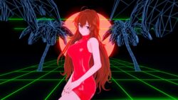  3d bare_shoulders blush breasts friday_night_funkin girlfriend_(friday_night_funkin) koikatsu large_breasts long_hair looking_at_viewer neon_grid palm_tree red_dress red_fingernails sideboob smile synthwave thick_thighs vaporwave 