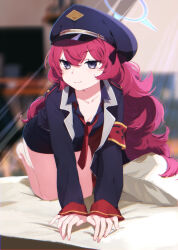  >:) absurdres all_fours armband barefoot black_bow black_hat black_jacket black_shirt black_skirt blue_archive blue_halo blurry blurry_background blush bow breasts closed_mouth collarbone collared_shirt commentary_request downblouse female fluffy_hair full_body grey_eyes hair_between_eyes hairbow halo hat highres indoors iroha_(blue_archive) jacket kisaka long_hair looking_at_viewer necktie on_bed open_clothes open_jacket peaked_cap pencil_skirt pillow red_armband red_hair red_necktie shirt sidelighting skirt sleeves_past_wrists slit_pupils small_breasts smile smug solo tsurime v-shaped_eyebrows very_long_hair 