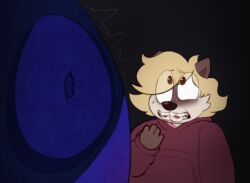  ambiguous_gender ambiguous_species anthro bary_(fundezian) blonde_hair blue_body blue_fur blueberry_inflation bodily_fluids body_inflation braces brown_body brown_fur buckteeth clothed clothing duo eulipotyphlan eye_through_hair fundesian fur hair hedgehog hoodie inflation looking_up_at_another male mammal nervous nervous_sweat olly_(fundezian) overweight overweight_anthro overweight_male repoussoir size_difference sunken_limbs sweat sweatdrop teeth topwear translucent translucent_hair wide_eyed 