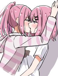  2girls amaori_haruna amaori_renako blush eye_contact french_kiss highres hood hoodie incest kissing long_hair looking_at_another medium_hair multiple_girls next_tomountain pink_hair pink_hoodie purple_eyes shadow shirt siblings sisters striped_clothes striped_hoodie watashi_ga_koibito_ni_nareru_wake_naijan_murimuri! white_shirt yuri 