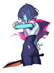  1other armor ass black_unitard blue_hair blue_skin cape colored_skin commentary cropped_legs deltanoodle deltarune english_commentary highres holding holding_sword holding_weapon kris_(dark_world)_(deltarune) kris_(deltarune) looking_at_viewer other_focus pink_cape red_eyes short_hair signature simple_background solo sword utdr_(toby_fox) weapon white_background 