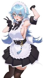  :d @_@ absurdres apron arm_up bare_shoulders black_bow black_gloves black_skirt black_sleeves blue_eyes blue_hair blush bow breasts brown_thighhighs commentary commission detached_sleeves english_commentary female frilled_apron frills gloves goback hair_between_eyes hand_up highres long_hair looking_at_viewer medium_breasts nose_blush original pleated_skirt puffy_short_sleeves puffy_sleeves shirt short_sleeves sideboob simple_background skirt sleeveless sleeveless_shirt smile solo sweat thighhighs v very_long_hair white_apron white_background white_shirt 