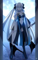  absurdres black_bow black_dress black_thighhighs blue_eyes bow breasts commission dress fate/grand_order fate_(series) female full_moon hairbow high_heels highres large_breasts long_hair looking_at_viewer moon morgan_le_fay_(fate) navel ponytail rey_r31_44 signature solo staff thighhighs white_hair 