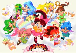  >_o 6+girls :d ;d animal anniversary arm_up belt bird blonde_hair blue_dress blue_eyes blue_hair blue_hairband blush_stickers boots bow brown_boots brown_hair cape commentary_request coral_hair_ornament creature dark-skinned_female dark_skin dress earrings elias_(panel_de_pon) everyone fairy_wings flare_(panel_de_pon) flower flower_wand furifuri_(panel_de_pon) gloves green_belt green_dress green_eyes green_hair hair_ornament hairband hairbow highres holding holding_staff jewelry kururu_(panel_de_pon) kyorotan_(panel_de_pon) lip_(panel_de_pon) mermaid monster_girl multiple_girls neris_(panel_de_pon) oerba_yun_fang on_cloud one_eye_closed panel_de_pon payapaya pink_bow pink_flower pink_hair pink_skirt pointy_ears ponytail purple_cape purple_dress purple_eyes pusuka_(panel_de_pon) pusupusu_(panel_de_pon) rabbit red_belt red_boots red_hair ruby_(panel_de_pon) seren_(panel_de_pon) sherbet_(panel_de_pon) skirt smile sphere_earrings spiked_hair squirrel staff suruga_kanade teana_(panel_de_pon) v-shaped_eyebrows wavy_hair white_dress white_gloves windy_(panel_de_pon) wings 