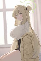  absurdres black_bow black_skirt blue_archive blush bow breasts brown_hair cardigan cardigan_partially_removed closed_mouth collared_shirt female green_eyes green_halo hair_bun hair_intakes hairbow halo highres indoors large_breasts long_hair long_sleeves nonomi_(blue_archive) open_cardigan open_clothes pleated_skirt shirt single_side_bun sitting skirt smile solo springrain_06 white_shirt window yellow_cardigan 