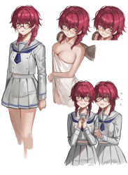  1boy 2girls blue_neckerchief braid breasts cleavage clone collarbone commentary cropped_legs deras english_commentary flying_sweatdrops glasses hand_on_another's_shoulder highres large_breasts long_sleeves messy_hair multiple_girls multiple_views naked_towel neckerchief original parted_lips pleated_skirt red_hair school_uniform serafuku skirt sweat towel twin_braids wavy_mouth white_serafuku white_skirt 