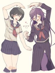  2girls ahoge arm_up black_hair blue_sailor_collar blue_skirt blue_socks blush breast_pocket breasts closed_eyes collared_shirt commentary_request danganronpa_(series) danganronpa_another_episode:_ultra_despair_girls frown fukawa_toko glasses hair_between_eyes hair_ornament hairclip heart highres long_hair long_skirt long_sleeves messy_hair mole mole_under_mouth multiple_girls naegi_komaru neckerchief necktie open_mouth pocket purple_hair purple_serafuku purple_shirt purple_skirt purple_thighhighs red_neckerchief red_necktie sailor_collar school_uniform serafuku shirt short_hair short_sleeves simple_background skirt skirt_set smile socks sweat teeth thighhighs torn_clothes torn_skirt translation_request upper_teeth_only uru... white_background white_sailor_collar white_shirt 