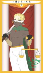  anthro blindfold bottomwear bovid brown_body cape caprine card clothing curtains detailed_background ear_piercing ear_ring fingers finnr_the_sheep finnrthesheep fur gem gold_(metal) hair hi_res hooved_fingers hooves male mammal melee_weapon pants piercing pillar ring_piercing shaved_pussy sheep shoulder_pads slim solo sword tan_hair tarot tarot_card weapon weighing_scale wool_(fur) 