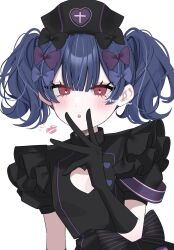  black_bow black_gloves blue_bow blue_hair blush bow cleavage_cutout clothing_cutout commentary_request female flat_chest gloves hairbow hand_up hat hazaki_yoshino heart heart_cutout heart_in_eye highres idolmaster idolmaster_shiny_colors looking_at_viewer morino_rinze multiple_hair_bows nurse nurse_cap parted_lips purple_bow red_eyes simple_background solo symbol_in_eye twintails twitter_username upper_body white_background 