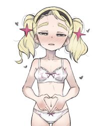  blonde_hair blush borrowed_character bra breasts female forehead hairband harsha_(eisu) highres medium_hair navel original panties piercing simple_background small_breasts thick_eyebrows twintails underwear white_background white_panties zlix0n 