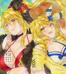  2girls adversarial_noise alternate_costume alternate_hairstyle alternate_headwear alto2019 bikini black_bow black_choker black_coat bow breasts brown_hat choker cleavage coat collarbone commentary_request dual_persona hair_ornament hairbow hat highres holding holding_unworn_clothes holding_unworn_hat kirisame_marisa kirisame_marisa_(magician_on_vacation) kirisame_marisa_(witch_of_scarlet_dreams) kirisame_marisa_(witch_of_scarlet_dreams_on_vacation) long_sleeves multiple_girls open_clothes open_coat open_mouth red_bikini sample_watermark shirt signature smile star_(symbol) star_hair_ornament swimsuit touhou touhou_lostword unworn_hat unworn_headwear watermark watermark_grid white_bikini yellow_eyes yellow_shirt 