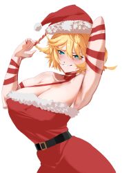  absurdres alternate_breast_size_(larger) aqua_eyes arm_behind_head armpits bare_shoulders belt blonde_hair breasts candy candy_cane christmas cleavage covered_nipples cowboy_shot curvy daaku_(koizumi_arata) dokibird dress female food fur_trim grin hat highres indie_virtual_youtuber large_breasts looking_at_viewer medium_hair ribbon santa_costume santa_hat simple_background smile solo strapless strapless_dress virtual_youtuber white_background 