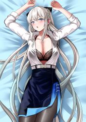  absurdres belt black_bow black_bra black_dress black_skirt blue_eyes blue_trim blush bow bra braid breasts center_opening collarbone collared_shirt commentary_request dress dress_shirt fate/grand_order fate_(series) female front-hook_bra grey_hair hairbow half_up_braid highres large_breasts long_hair long_sleeves morgan_le_fay_(chaldea_satellite_station)_(fate) morgan_le_fay_(fate) nigori_(keydoor) office_lady open_clothes open_shirt original pantyhose pencil_skirt ponytail shirt sidelocks skirt solo unbuttoned underwear undone_bra very_long_hair white_belt white_hair white_shirt 