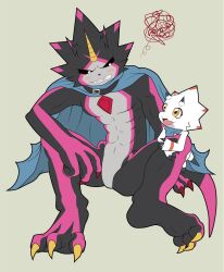  abs angry anthro bandai_namco black_body black_sclera blush cape claws clothing digimon digimon_(species) duo evolutionary_family gammamon gulusgammamon hi_res horn male scalie tmdduq6918 toe_claws tsundere 