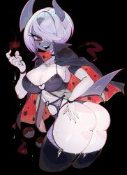  absol ass black_background black_bra black_cape black_thighhighs bra breasts cape commentary commission cropped_legs english_commentary female furry furry_female hair_over_one_eye hand_up highres horns large_breasts looking_at_viewer mega_absol one_eye_covered open_mouth personification poke_ball poke_ball_(basic) pokemon red_eyes short_hair smile snout solo swept_bangs thighhighs twisted_torso underwear usa37107692 white_hair 