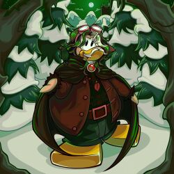  absurd_res anthro avian belt bird bottomwear brown_belt brown_cape brown_clothing brown_hair brown_jacket brown_topwear cape clothing cloud club_penguin evergreen_tree eyewear eyewear_on_head facial_hair fangs full_moon goggles goggles_on_head green_sky grey_bottomwear grey_clothing grey_pants hair hi_res jacket jewelry letlab0611 looking_at_viewer male moon moustache necklace night open_mouth outside pants penguin pine_tree plant sky snow solo teeth topwear tree 