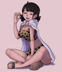  black_hair blush cape commentary crop_top english_commentary female highres hood hooded_cape indian_style letter ltenie medium_hair one_piece open_mouth sandals simple_background sitting smile solo tritoma_(one_piece) v-shaped_eyebrows watermark 