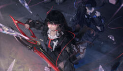  2girls absurdres arm_cutout black_choker black_hair black_jacket black_serafuku black_shirt black_skirt blue_eyes blue_ribbon chisa_(wuthering_waves) choker closed_mouth clothing_cutout commentary dark_persona dual_persona glass_shards hair_ribbon hand_up highres holding holding_sword holding_weapon jacket long_hair long_sleeves mienpp multiple_girls neckerchief red_eyes red_neckerchief red_ribbon ribbon sailor_collar school_uniform serafuku shirt skirt sword thighs weapon white_sailor_collar wuthering_waves 