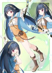  absurdres armpits belt_pouch black_hair blue_cape blue_hair blunt_bangs breasts brooch brown_sandals bug butterfly cape closed_mouth colored_inner_hair commentary_request criss-cross_halter dress extra_pupils female flower gloves gold_hairband hair_flower hair_ornament hairband halterneck highres holding holding_staff jewelry lace-trimmed_gloves lace_trim multicolored_hair multiple_views nazuka_(stella_sora) open_mouth orange_dress pinwheel pouch red_eyes sandals shiroba_kamiya small_breasts smile staff stella_sora toes two-tone_dress v-shaped_eyebrows white_dress white_gloves 