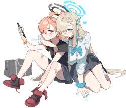  2girls ahoge asuna_(blue_archive) asuna_(school_uniform)_(blue_archive) bandaid biting_another's_hair black_halo blonde_hair blue_archive blue_halo bow bowtie braid breasts cellphone hair_over_one_eye hair_ribbon halo highres jjigong_chigon large_breasts long_hair mole mole_under_eye multiple_girls neru_(blue_archive) neru_(school_uniform)_(blue_archive) orange_hair phone pleated_skirt red_eyes ribbon school_uniform scrunchie shirt shoes short_sleeves single_braid sitting skirt smartphone sneakers very_long_hair white_shirt 