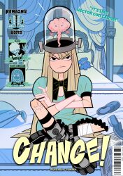  aqua_dress artist_name bandaged_leg bandages barcode black_bow black_bowtie black_eyes blonde_hair boots bow bowtie brain closed_mouth commentary crossed_arms dress elbow_gloves english_text evil_con_carne exposed_brain female frown gloves hair_over_shoulder highres indoors knee_boots long_hair looking_at_viewer miwako0_0 newspaper notice_lines object_through_head on_bed original parody pillow pink_gloves platform_boots puffy_short_sleeves puffy_sleeves scar_on_knee screw_in_head shoes short_sleeves sitting spiked_boots stuffed_animal stuffed_toy teddy_bear toon_(style) unworn_shoes v-shaped_eyebrows v-shaped_eyes very_long_hair 