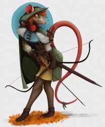  2025 absurd_res anthro armor arrow_(weapon) ass belt boots bottomwear bow_(weapon) breasts cape clothed clothing female footwear fur gloves gompami green_eyes hair handwear headgear hi_res holding_object holding_ranged_weapon holding_weapon hood long_tail mammal melee_weapon murid murine ranged_weapon rat red_hair rodent shoes simple_background snout solo standing sword tail teeth topwear weapon whiskers 