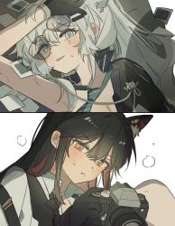  2girls animal_ear_fluff animal_ears arknights bite_mark bite_mark_on_arm bite_mark_on_neck black_bow black_bowtie black_gloves black_hair black_jacket black_vest blush bow bowtie breasts camera cleavage colored_inner_hair commentary glasses gloves green_necktie grey_eyes grey_hair highres holding holding_camera jacket lappland_(arknights) looking_at_viewer multicolored_hair multiple_girls necktie oerba_yun_fang orange_eyes parted_lips red_hair scar scar_across_eye scar_on_face seri_(vyrlw) shirt simple_background sweat symbol-only_commentary taking_picture texas_(arknights) vest white_background white_shirt wolf_ears yuri 