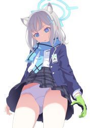  animal_ear_fluff animal_ears black_skirt blazer blue_archive blue_eyes blue_halo blue_jacket blue_necktie blue_scarf bright_pupils commentary cowboy_shot cross cross_hair_ornament extra_ears female from_below gloves green_gloves grey_hair hair_ornament halo highres inverted_cross jacket medium_hair necktie open_clothes open_jacket open_mouth panties plaid_clothes plaid_skirt scarf school_uniform shiroko_(blue_archive) shirt simple_background single_glove skirt solo tanuki_soutou_x underwear upskirt white_background white_panties white_pupils white_shirt wolf_ears wolf_girl 