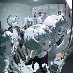  1boy 4girls ahoge aqua_hair black_jacket black_pants black_skirt blood blue_eyes blunt_bangs bone_hair_ornament bow bowtie cat_hair_ornament caution_tape collared_shirt glasses grey_hair hair_between_eyes hair_bun hair_intakes hair_ornament hairclip highres hood hood_down hooded_jacket jacket kuwei_(kuwei_2333) long_hair multiple_girls necktie off_shoulder open_mouth original pants pleated_skirt red_necktie shirt short_hair sign skirt sweater warning_sign white_shirt 