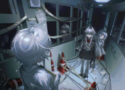  3girls black_jacket blood braid broken_glass broken_window caution_tape collared_shirt fire_extinguisher glass glasses grey_eyes grey_hair hair_intakes half_up_braid highres holding holding_notebook jacket kuwei_(kuwei_2333) long_hair looking_at_another multiple_girls notebook original pleated_skirt reflection school_uniform shirt short_hair sign skirt sweater traffic_cone warning_sign white_shirt white_sweater window 